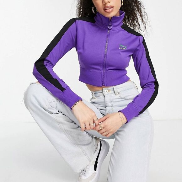 Puma X Dua Lipa T7 Cropped Jacket Purple Black Butterfly Logo XS Extra Small New - Picture 1 of 13